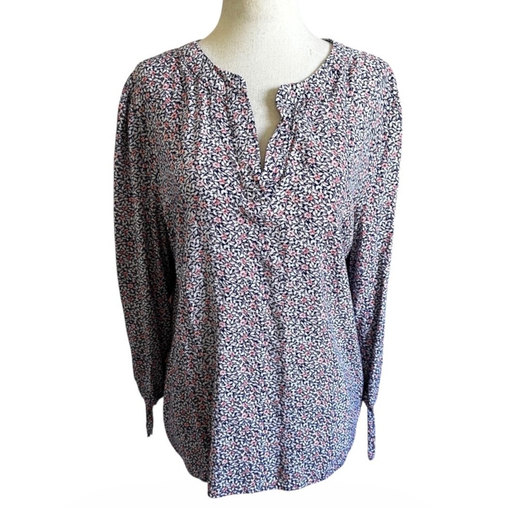 Cynthia Rowley Womens XL Blue Pink Floral Split Neck Long Sleeve Blouse | 0203